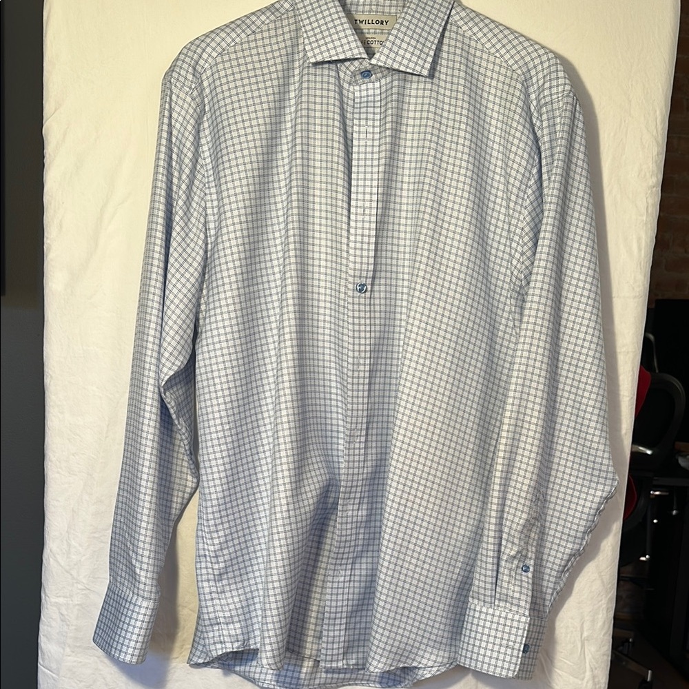 Twillory Trim Fit Blue Dress Shirt with Classic Checkered Pattern